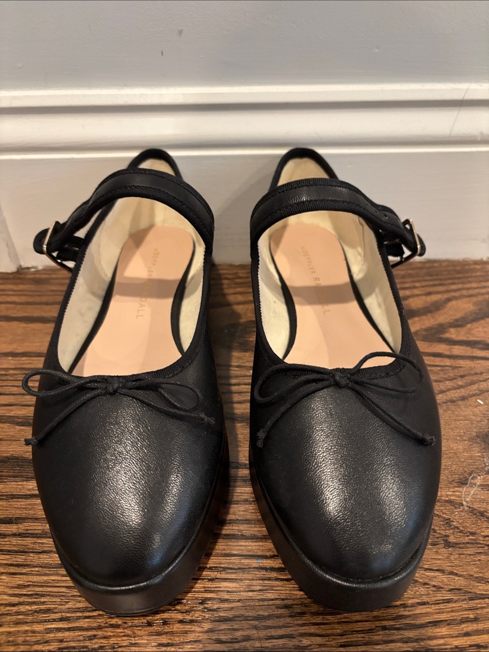Loeffler Randall Black Leather Ankle-Strap Platform Ballet Flats
